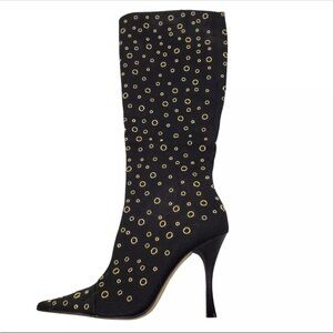 Hype Vero Cuoio Black Jacky Handcrafted Fabric Upper Gold Grommets Tall Boots 10